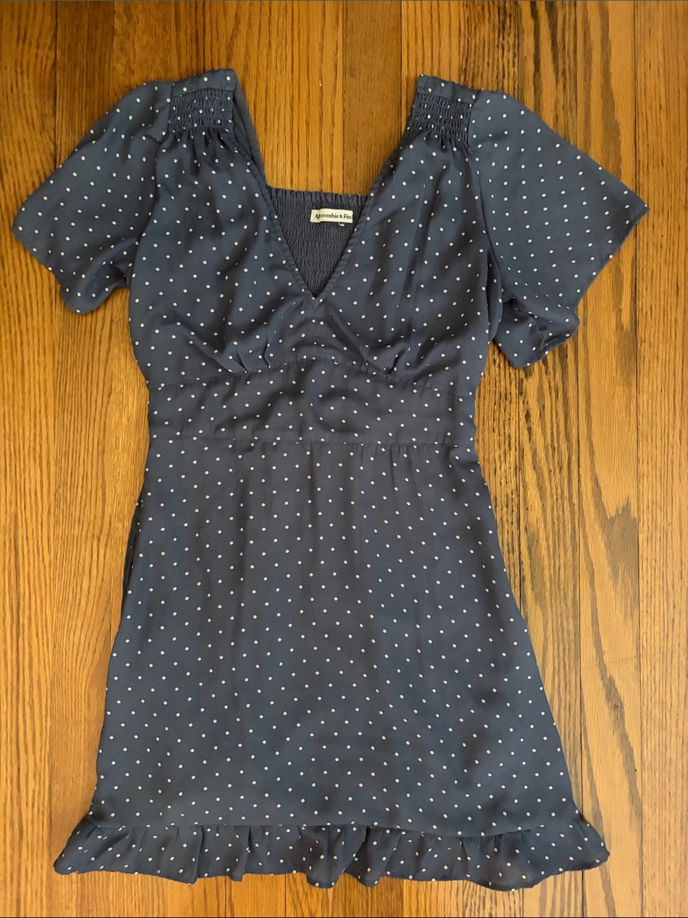 Abercrombie & Fit h Navy Polka Dot V-Neck Mini Dress with Ruffle Hem and pockets